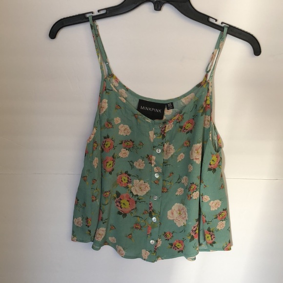 MinkPink Green Mint Spaghetti Straps Floral Button Down Camisole Top Blo… - Picture 4 of 6